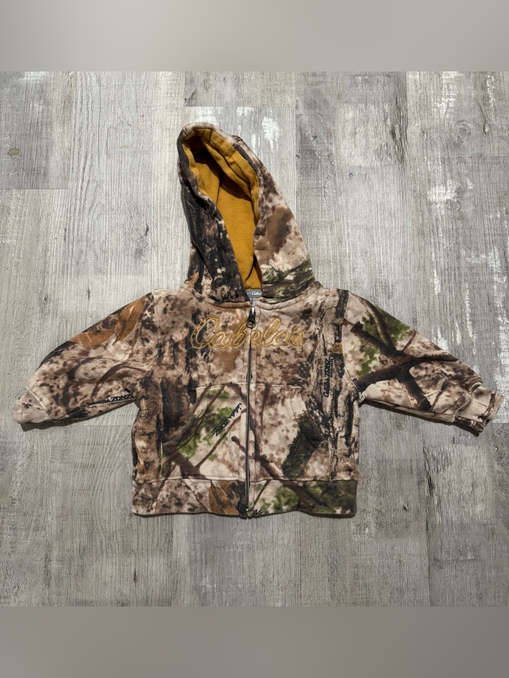 Cabela's baby 3 months Camo Zip Hoodie with Mustard Lined Hood